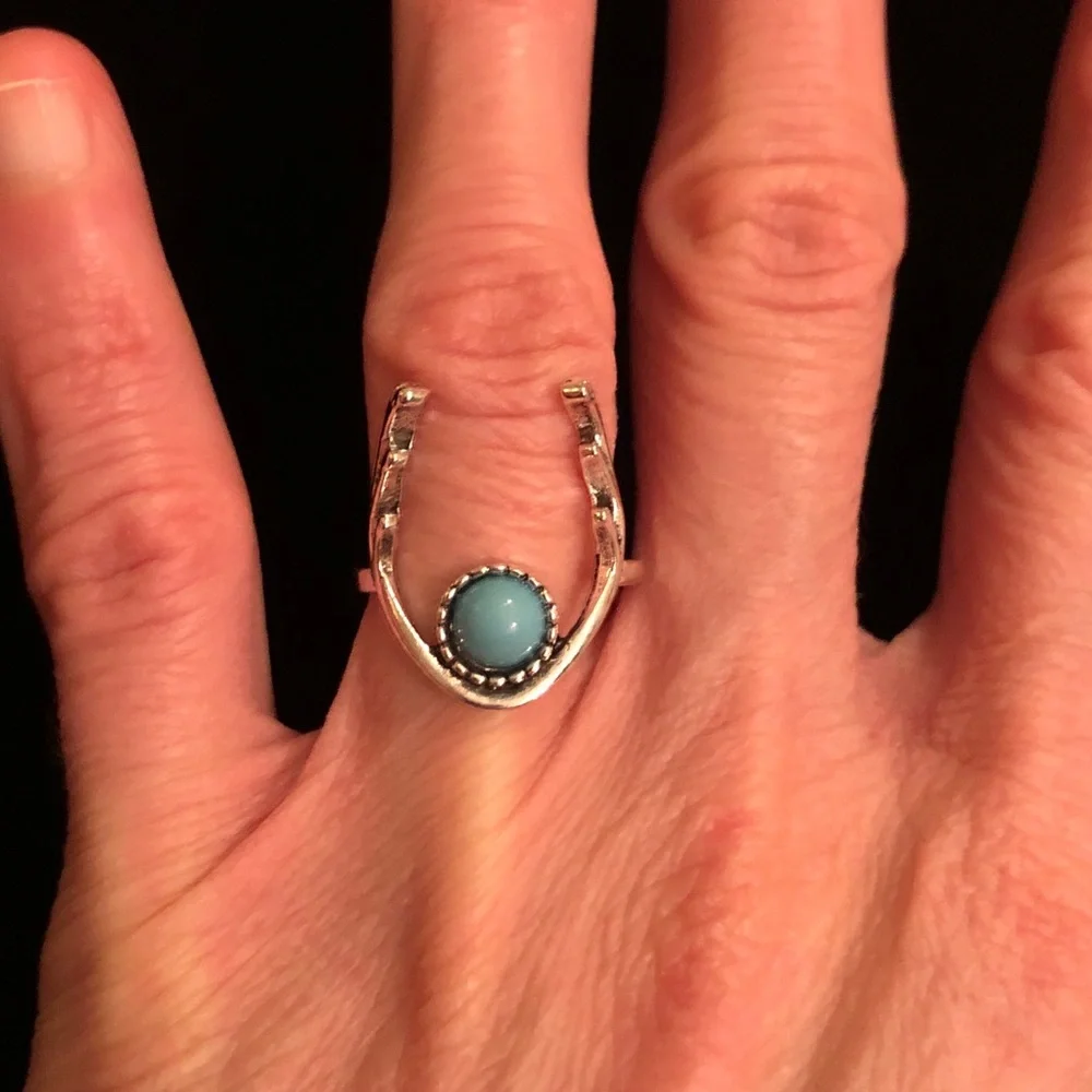 Silver Tone Deer Antler Turquoise Ring